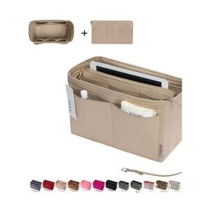 Womens Purse Organizer Insert, Felt Bag Organizer with Metal Zipper Beige